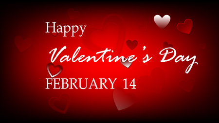 A vibrant Valentineâs Day greeting card featuring a red gradient background adorned with various heart shapes in different sizes. The central text Happy Valentine's Day and February 14のイラスト素材