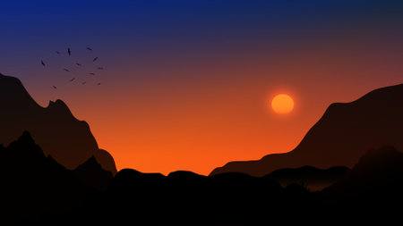 Drawing graphics The sun sets behind the mountains, painting the sky with golden hues of serenity illustrationのイラスト素材