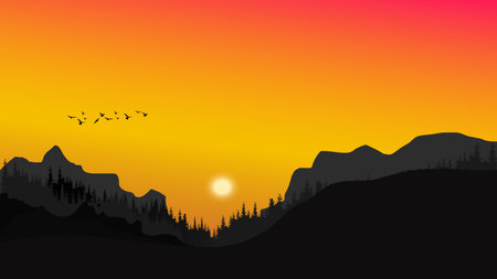 Scenic sunset over mountain landscape with flying birds and pine trees silhouettesのイラスト素材