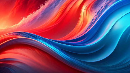 Abstract fluid waves in vibrant red and blue tones, creating a dynamic and artistic compositionの素材