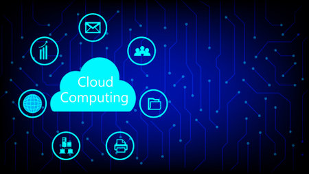 Illustration of cloud computing technology with icons representing digital services such as email, data sharing, network, file storage, and teamworkのイラスト素材