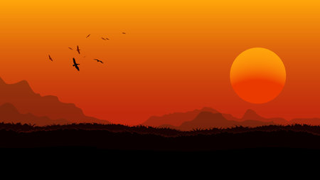 sunset landscape with flying birds, orange sky, and mountain silhouettes in the backgroundのイラスト素材