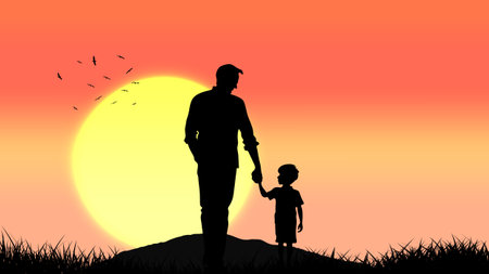 A touching silhouette of a father and son holding hands while walking together at sunset, symbolizing love, guidance, and the bond between generations in a peaceful natural settingのイラスト素材
