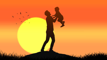 A heartwarming sunset silhouette of a father lifting his child in a natural setting, surrounded by grass and birds in flightのイラスト素材