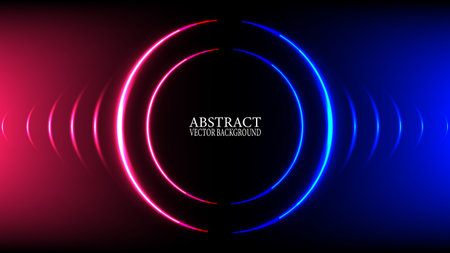 Abstract black background with central dual neon rings glowing in contrasting blue and magenta, with light waves radiating outwardsのイラスト素材