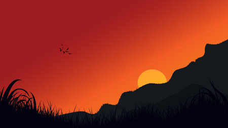 Dramatic sunset or sunrise landscape silhouette with bright sun, mountains, flying birds, and grass. Warm and fiery colors. Minimalist vector illustrationのイラスト素材