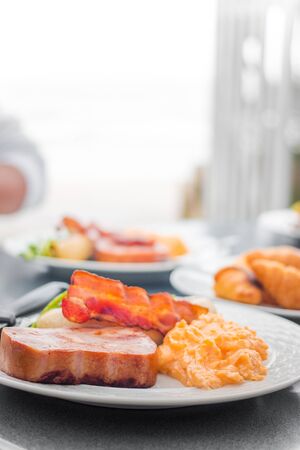american breakfast outdoorの写真素材