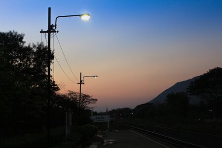 Street light against twilight backgroundの写真素材