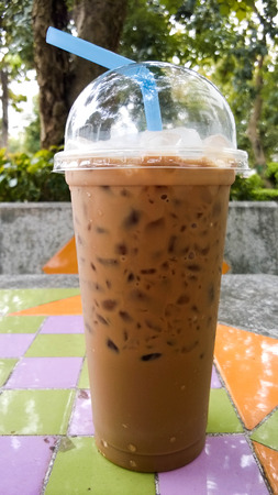 Iced coffee on wood backgroundの写真素材