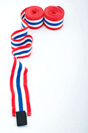 Close up image of two flag of Thailand boxer?? bandages isolated on white backgroundの写真素材