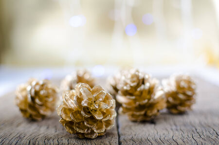 Pine cones on wooden background