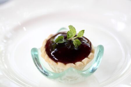 Mini blueberry fruit tarts on dish Close-up in shallow DOF 