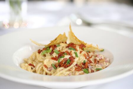 Spaghetti Carbonara with bacon and cheeseの写真素材