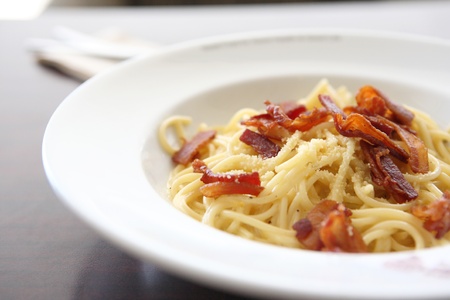 Spaghetti Carbonara with bacon and cheeseの写真素材