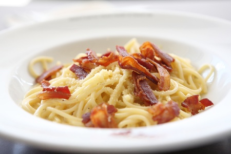 Spaghetti Carbonara with bacon and cheeseの写真素材