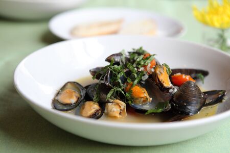 sea mussel with white wineの写真素材