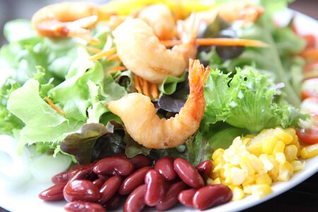 salad with fried shrimpの写真素材