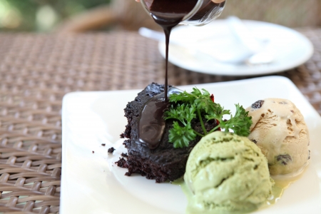 Chocolate Lava Cake with ice cream の写真素材