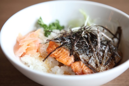 salmon teriyaki on riceの写真素材