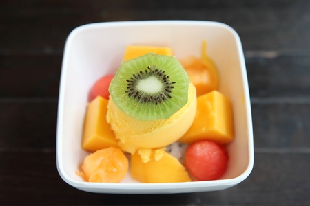 Scoops of mango ice cream fruitの写真素材