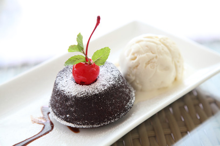 Chocolate Lava Cake with ice cream の写真素材