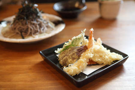 Soba noodle with fried shrimpの写真素材