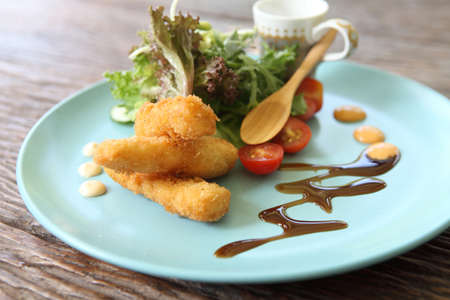 salad with fried shrimpの写真素材