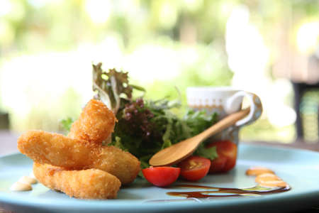 salad with fried shrimpの写真素材