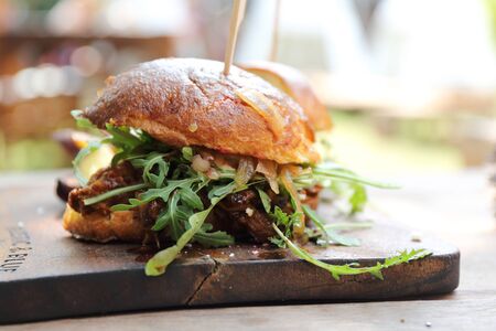 hamburger with fries and saladの写真素材