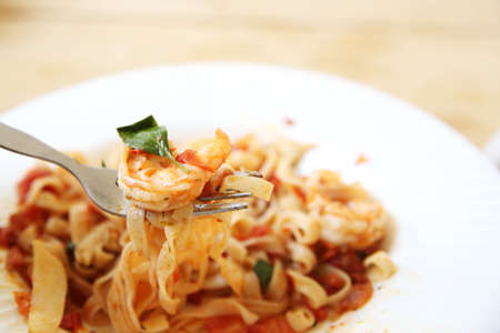 spaghetti with shrimpの写真素材