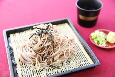 Soba noodle with fried shrimpの写真素材