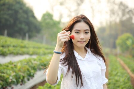 Asian girl on wheat fieldの写真素材