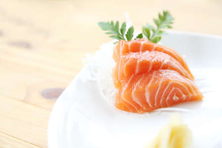 Japanese food Salmon Sushi set on wood backgroundの写真素材