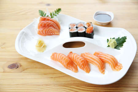 Japanese food Salmon Sushi set on wood backgroundの写真素材