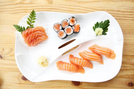 Japanese food Salmon Sushi set on wood backgroundの写真素材