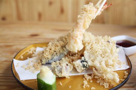 Tempura Japanese Food on wood backgroundの写真素材