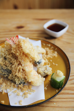 Tempura Japanese Food on wood backgroundの写真素材