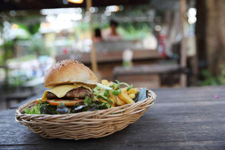 Beef Hamburger on wood backgroundの写真素材