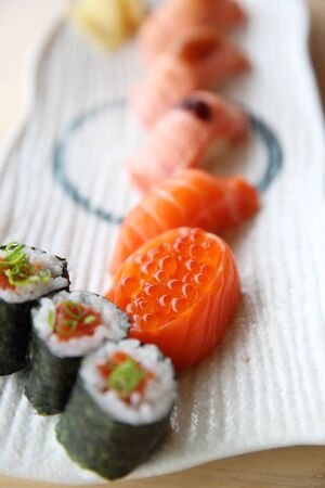 Japanese food salmon sushi set with salmon maki salmon sushi and caviarの写真素材