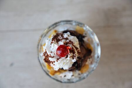 chocolate icecream on wood backgroundの写真素材