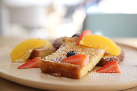 French Toast Sticks with Maple Syrup and mix fruitsの写真素材