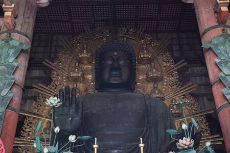 Daibutsu with Kokuzo Bosatsu in the great Buddha hall at Todaiji temple in naraの写真素材