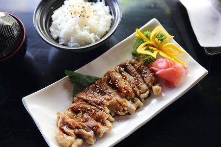 chicken teriyaki set with rice and soup japanese foodの写真素材