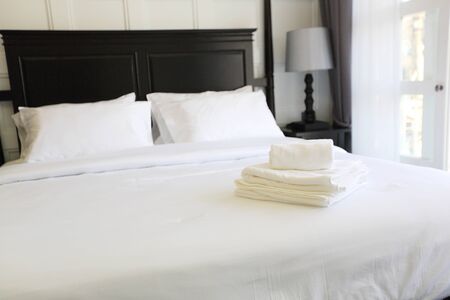 Interior of a luxury double bed hotel bedroom
