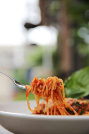 Spaghetti with tomato sauce and fresh basil on wood , Italian pastaの写真素材