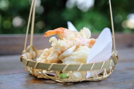 Shrimp tempura on wood background , Japanese foodの写真素材