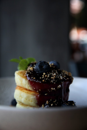 Blueberry pancake , Pancake topping with blueberries and icing dessertの写真素材