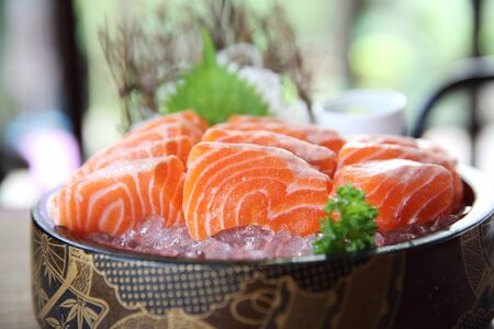 salmon sashimi in close upの写真素材