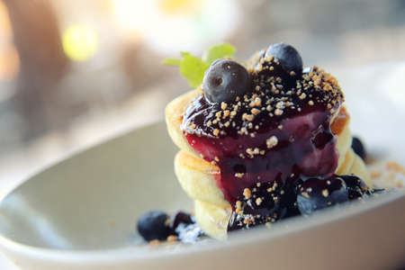 Blueberry pancake , Pancake topping with blueberries and icing dessertの写真素材
