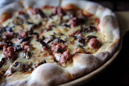 Pizza mushroom and sausage , Italian foodの写真素材
